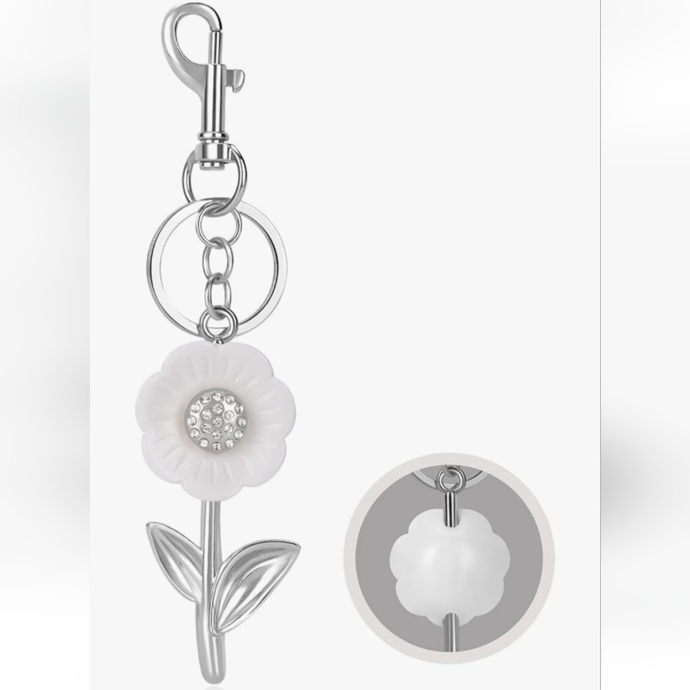 White Flower Keychain with Silver Accents